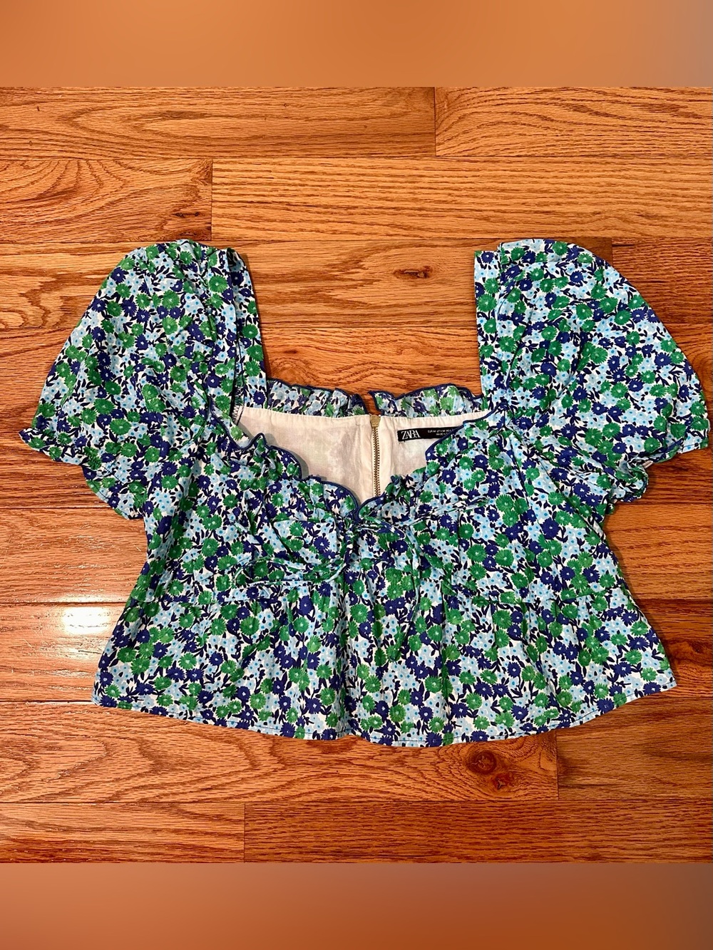 Zara Floral Puff Sleeve Square Neck Crop Top Blouse Size M